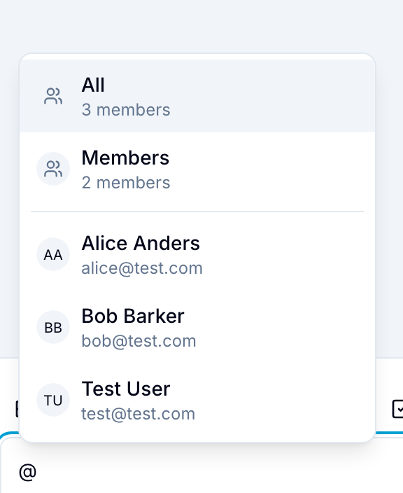 @mention suggestion dropdown showing group options and individual team members