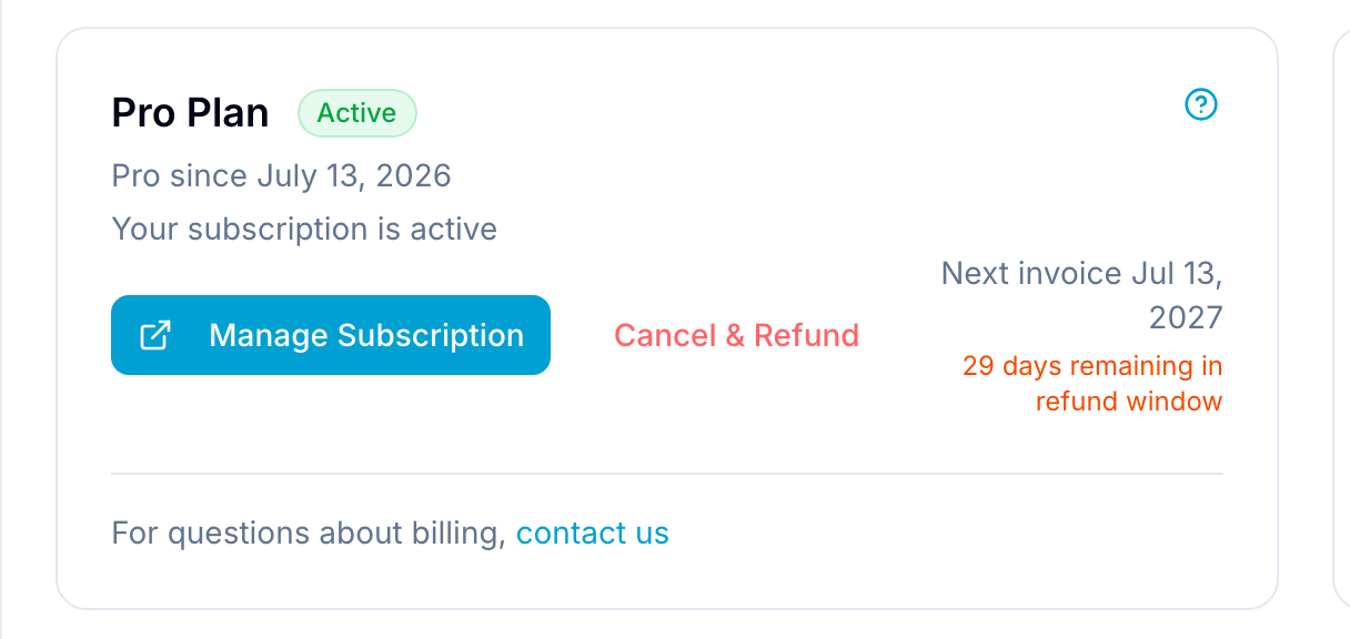 Pro Plan billing card showing active status, Manage Subscription, Cancel & Refund, and next invoice date