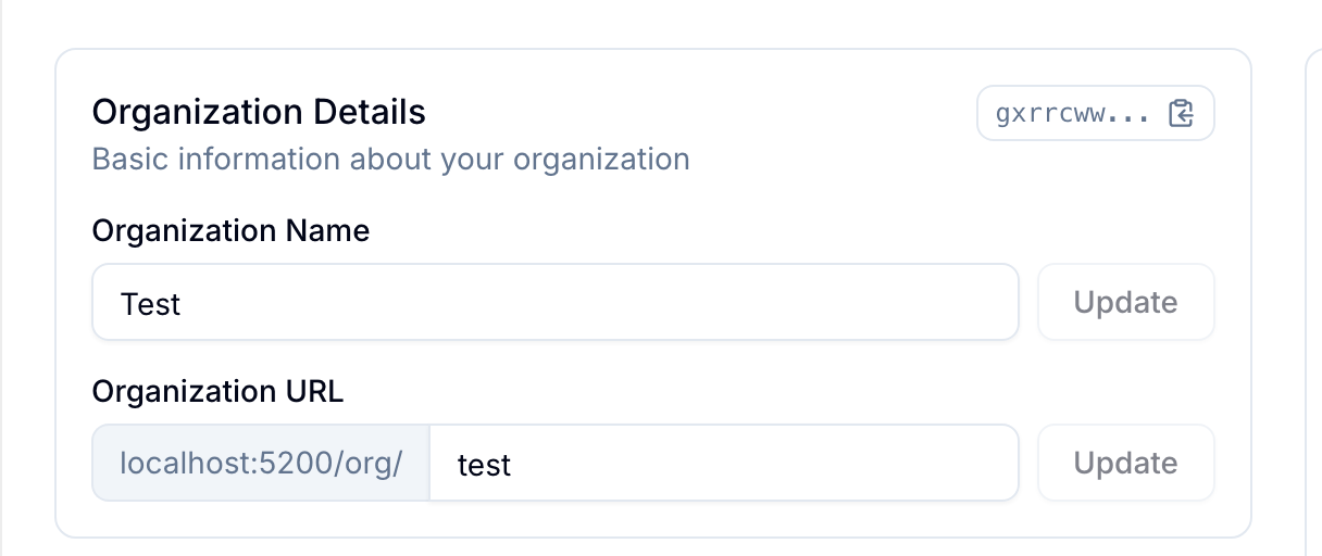 Organization Details settings card with organization name and URL fields