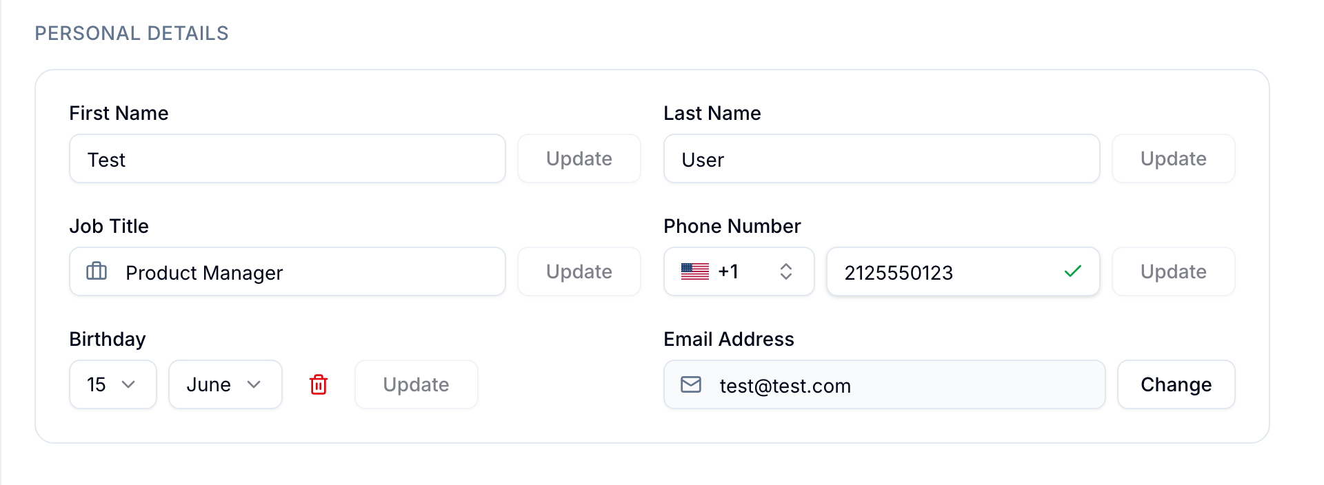 Personal Details card with name, job title, phone number, birthday, and email fields