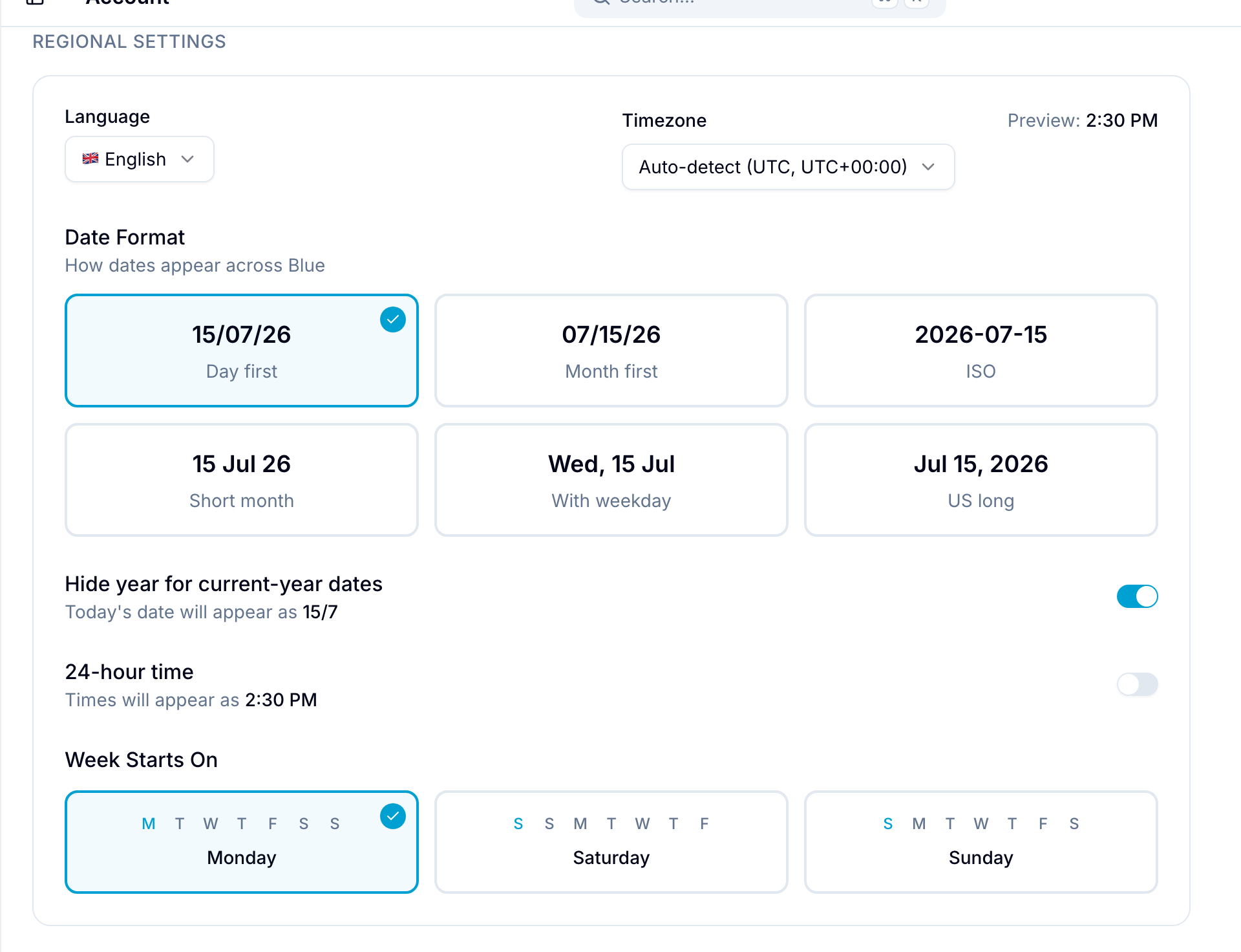 Regional Settings card with language, timezone, date format, hide-year toggle, 24-hour toggle, and week-start options
