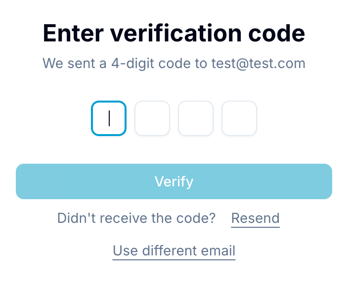 One-time password screen One-time password entry screen with a 4-digit code input, Verify button, and Resend link
