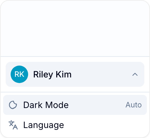 Avatar menu opened from the bottom of the sidebar, showing the Dark Mode cycle control set to Auto