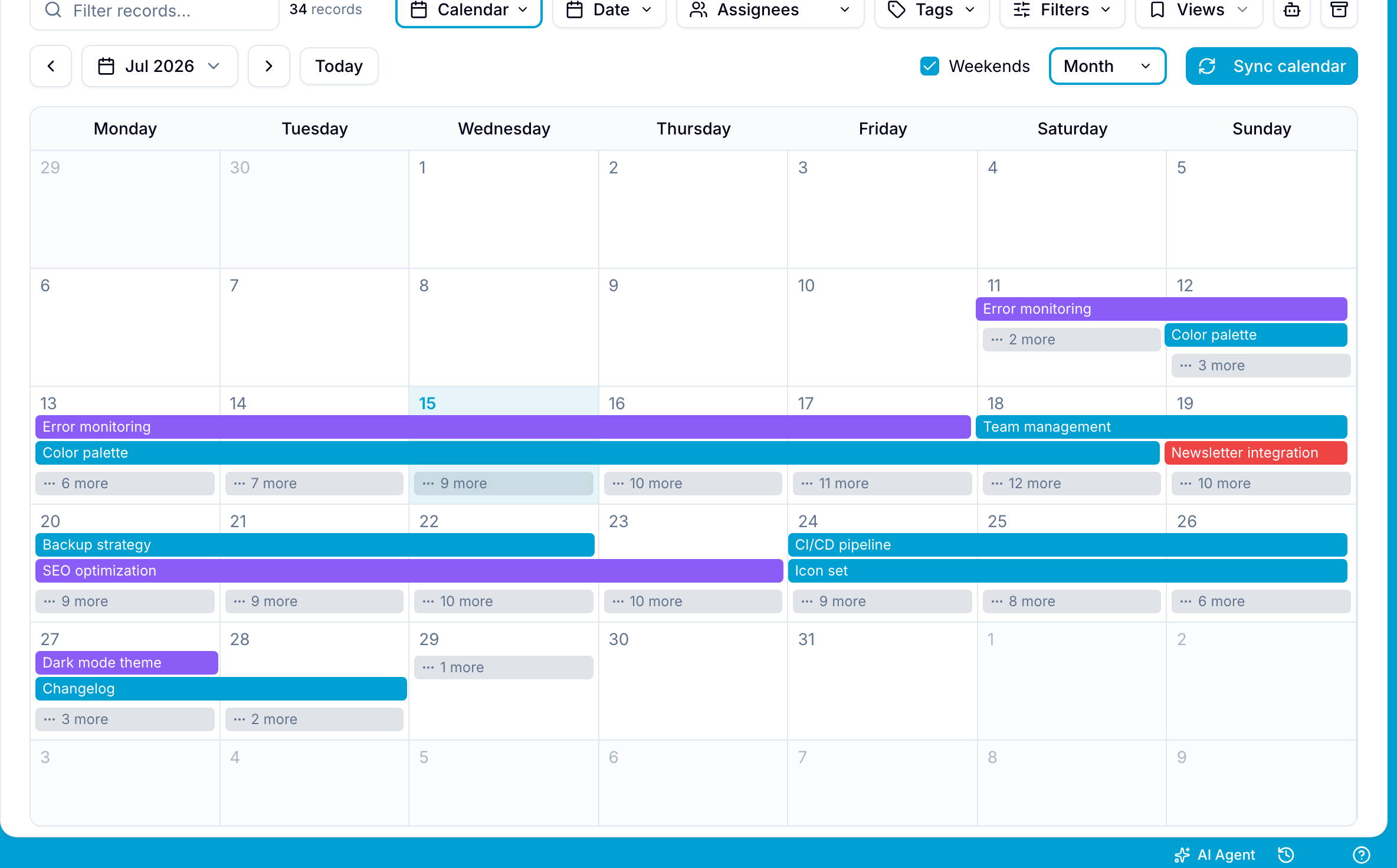 Month view of the calendar with a populated toolbar, navigation controls, and due-date bars across the grid