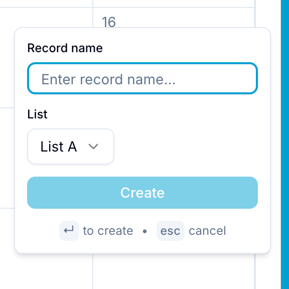 Quick-add popover for creating a new record on a specific calendar date
