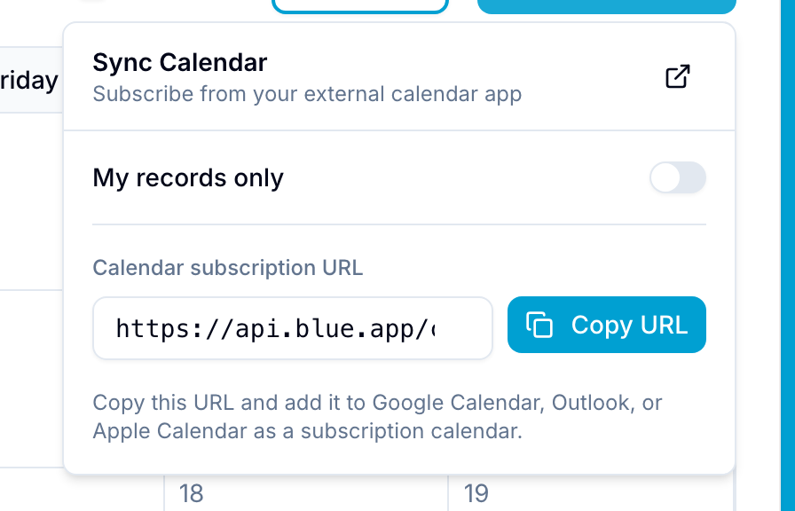 Sync Calendar popover showing the calendar subscription URL and a My records only toggle