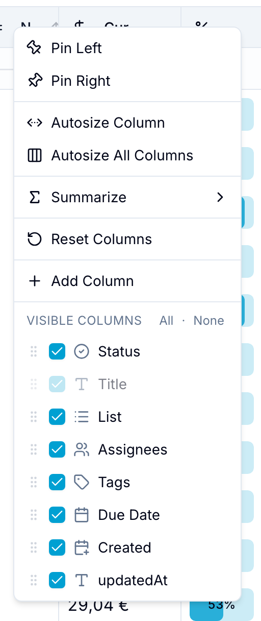 Column header context menu with pin, autosize, summarize, and visible-columns options