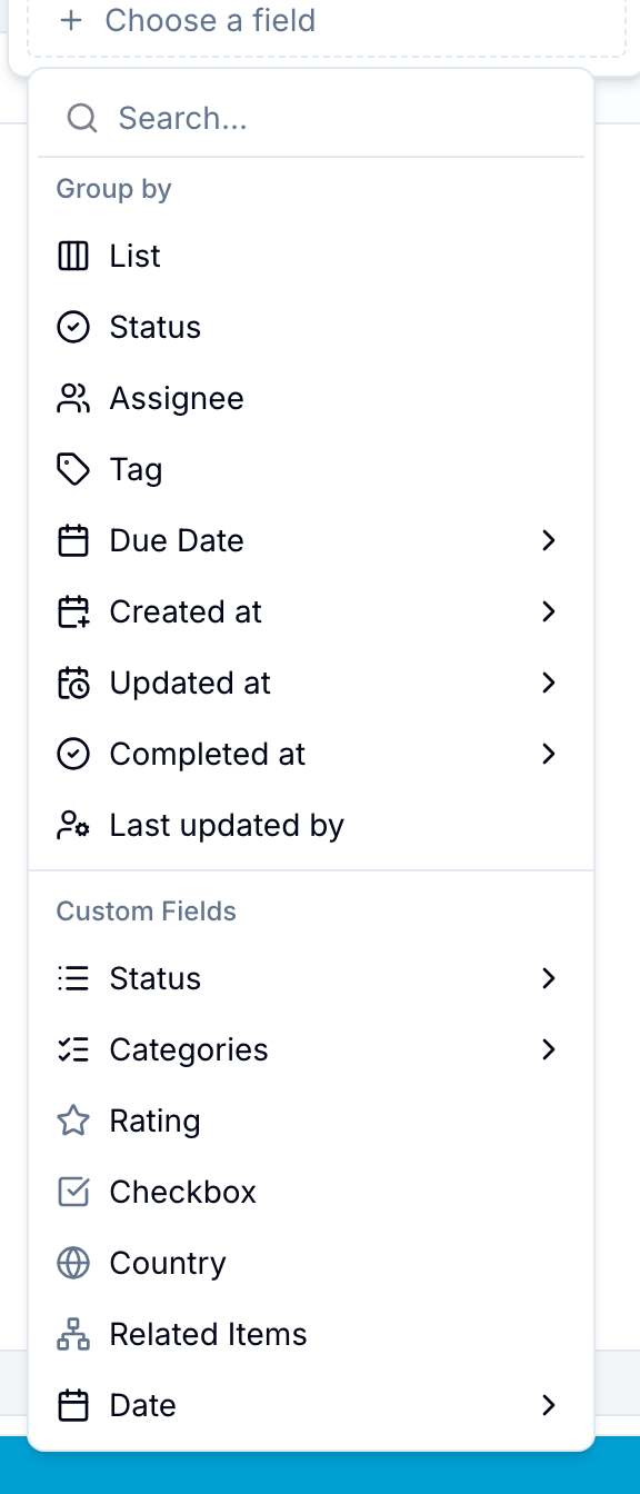 Group by field picker listing built-in and custom field grouping options