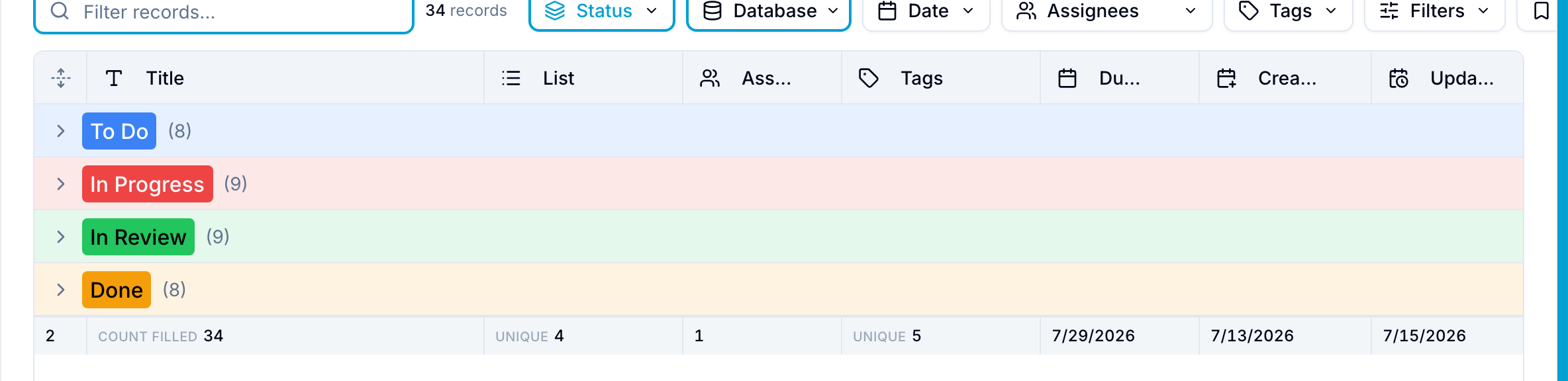 Database records grouped by Status into collapsible To Do, In Progress, In Review, and Done groups