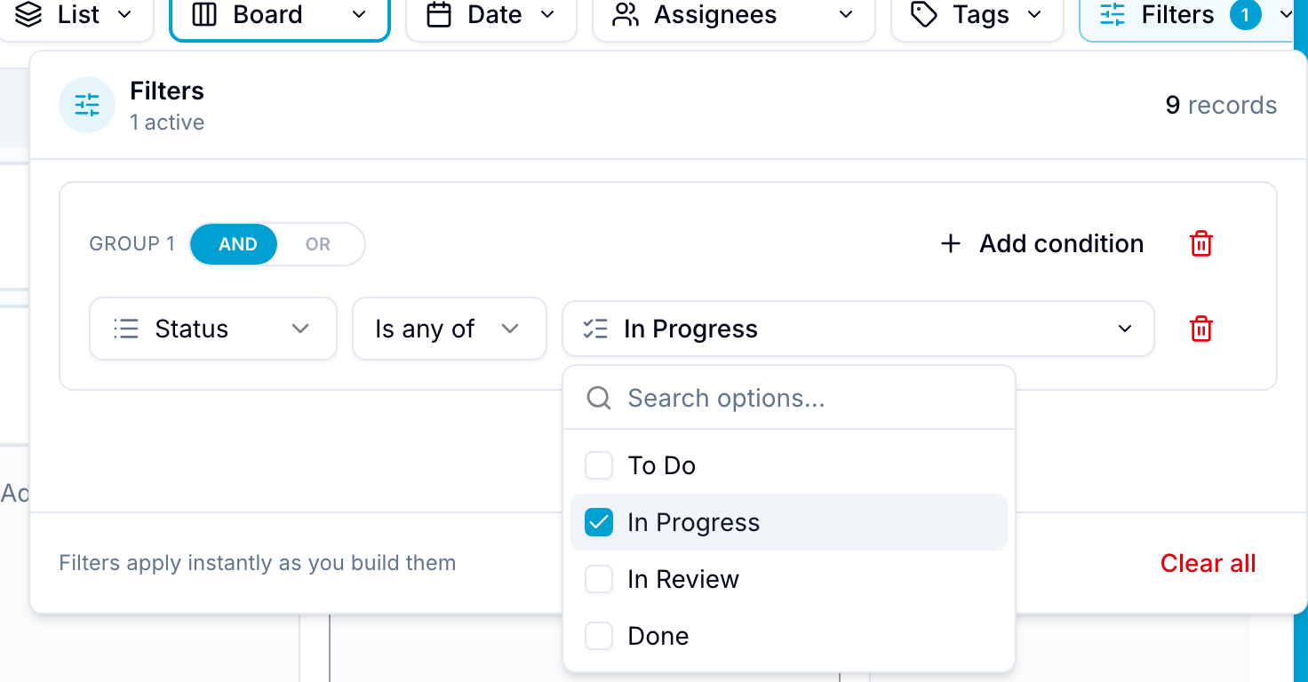 Advanced filter panel with a Status field, "Is any of" operator, and value picker open