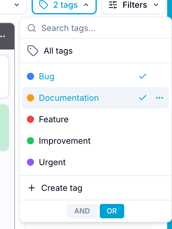 Tags quick filter dropdown with two tags selected and an AND/OR mode toggle