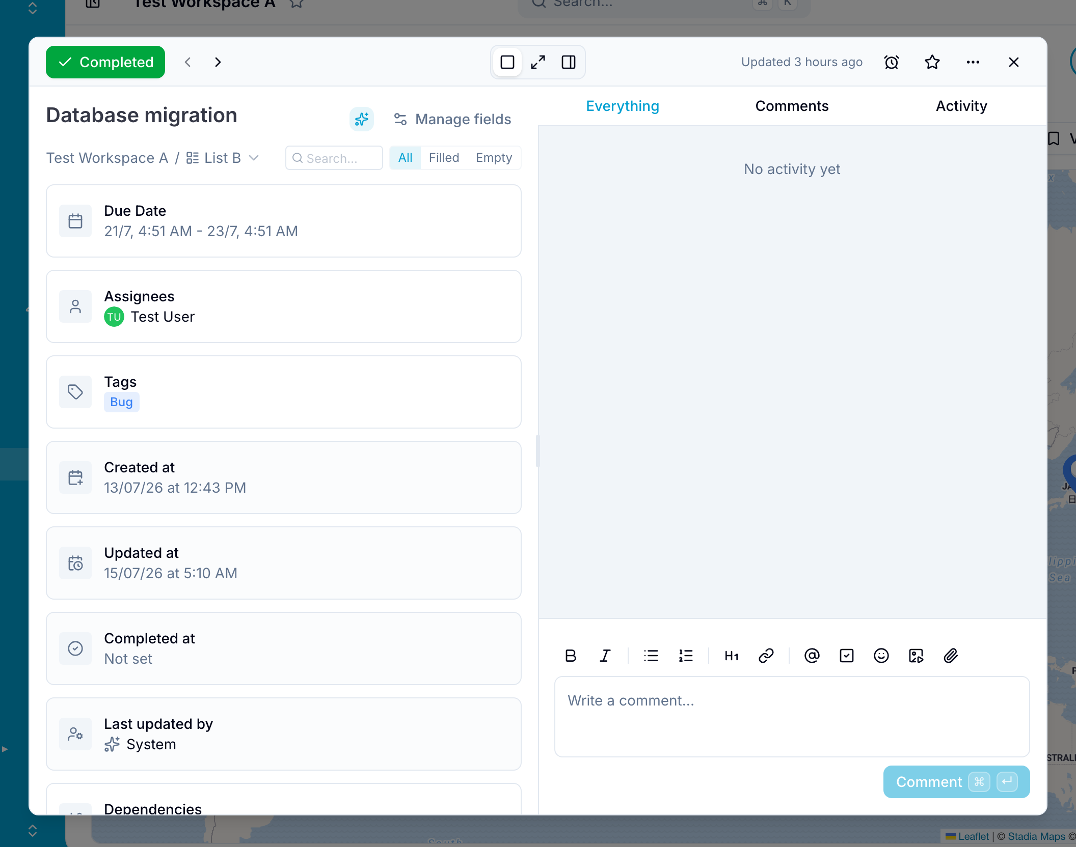 Record details panel opened from a map pin, showing the record's fields and comment thread