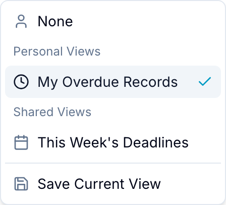 Views dropdown listing Personal Views and Shared Views with Save Current View