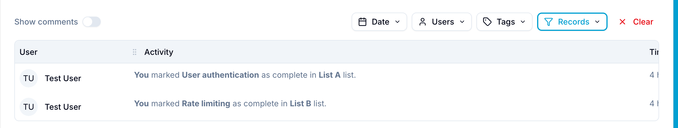 Workspace Activity log filtered to Records type, showing two record-completion entries