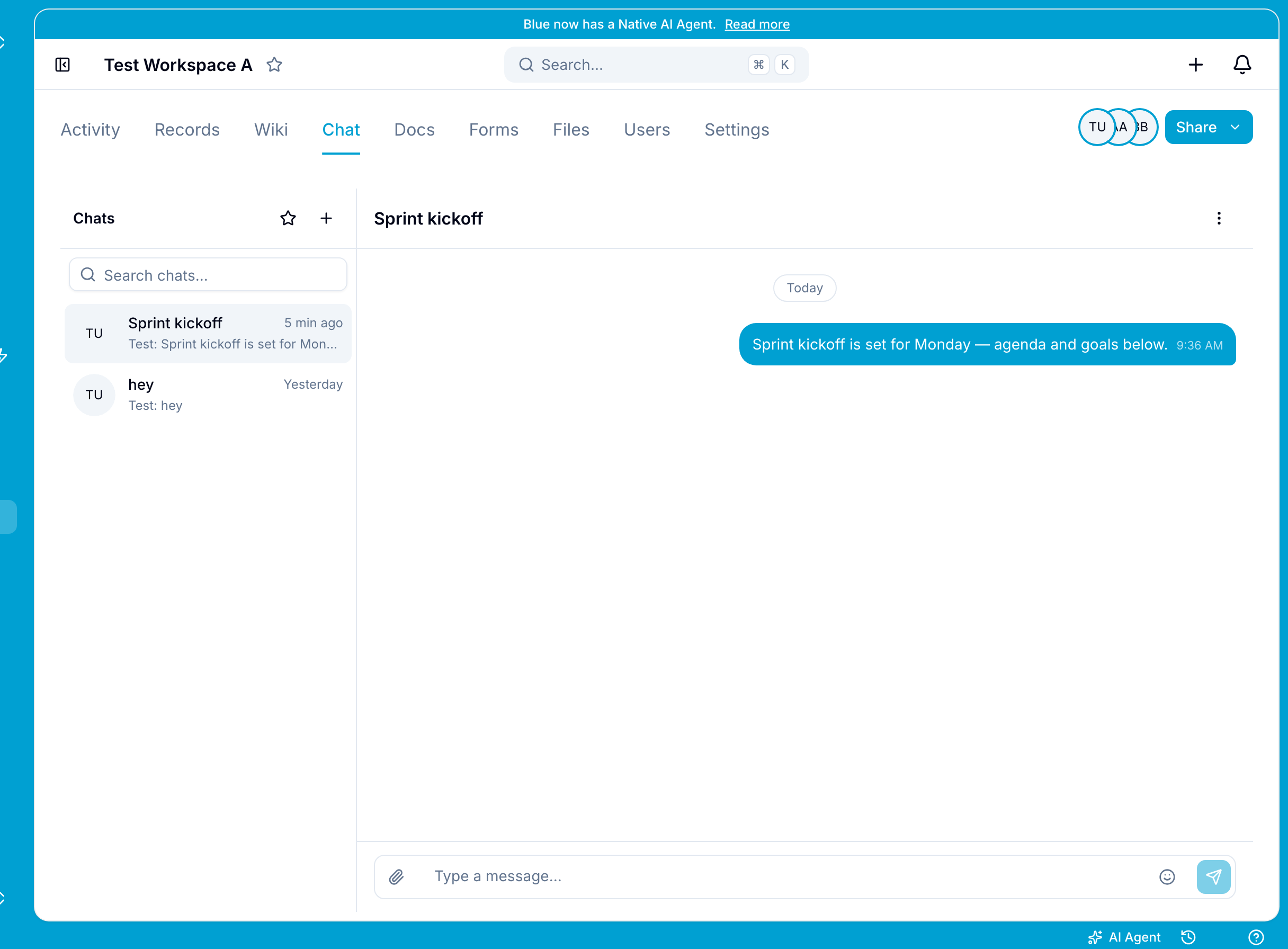 Chat sidebar with two topics and an open thread showing a sent message