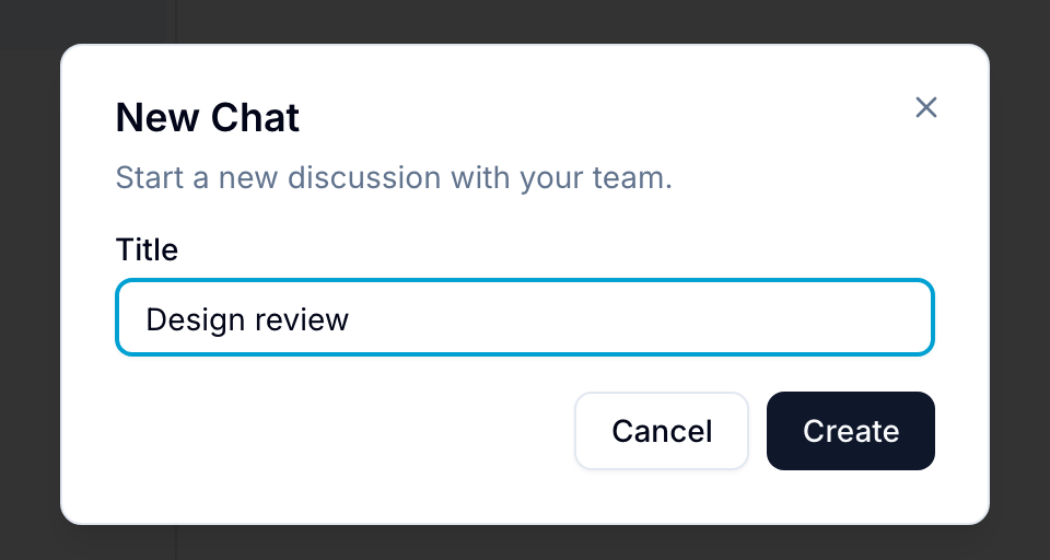 New Chat dialog with a topic title entered, and Cancel and Create buttons
