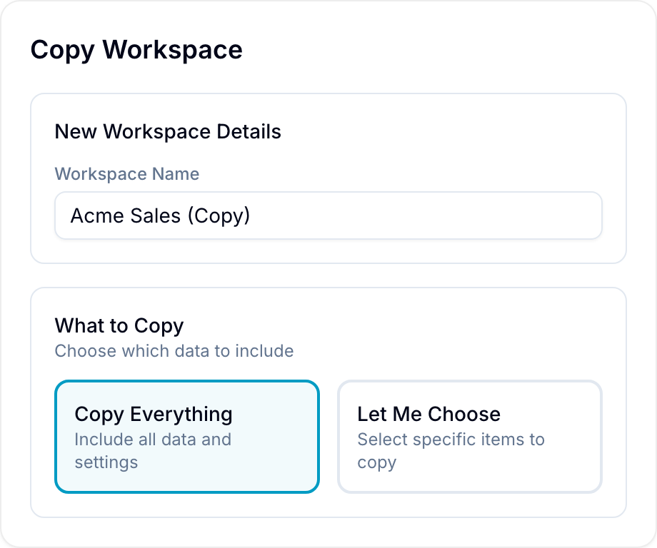 Copy Workspace panel with Workspace Name and Copy Everything / Let Me Choose options