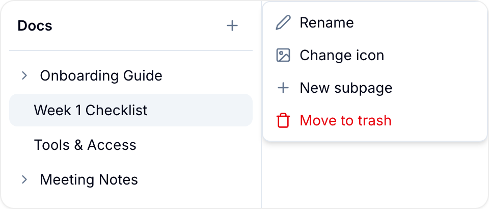 Pages sidebar with a page's actions menu open, showing Rename, Change icon, New subpage, and Move to trash