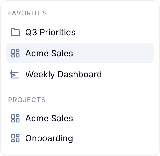 Sidebar with a Favorites section above Projects, showing pinned records, workspaces, and a dashboard