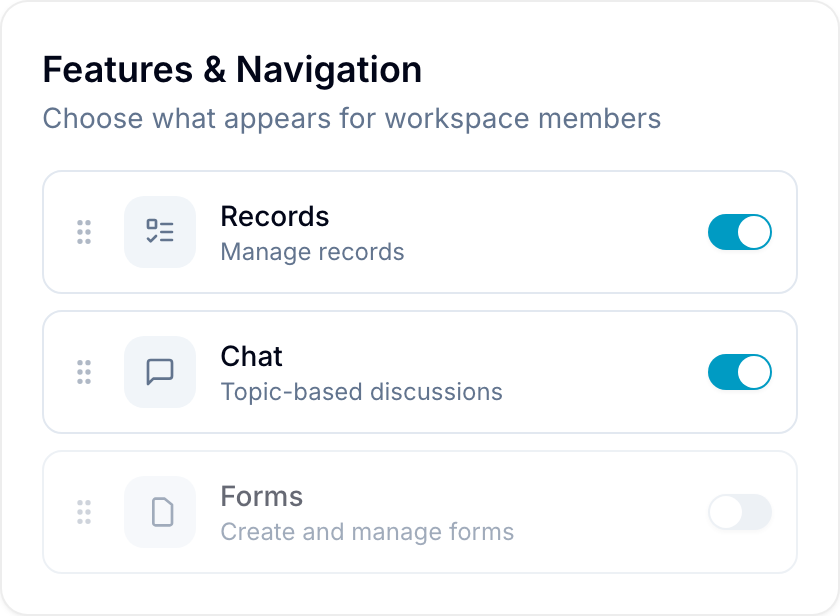 Features & Navigation settings with toggle switches and drag handles per feature