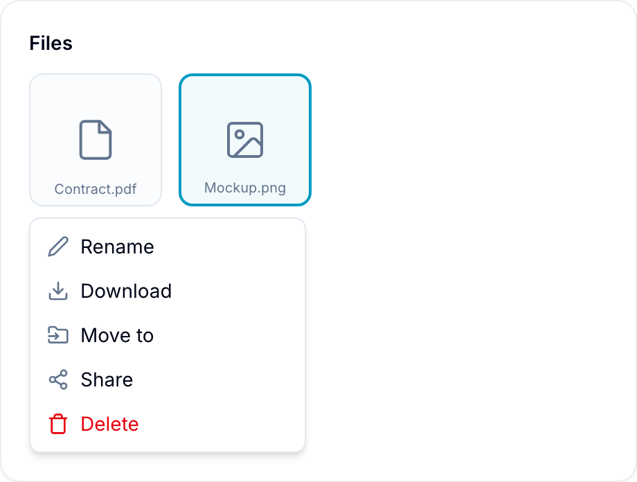 Files tab with a file's context menu showing Rename, Download, Move to, Share, and Delete
