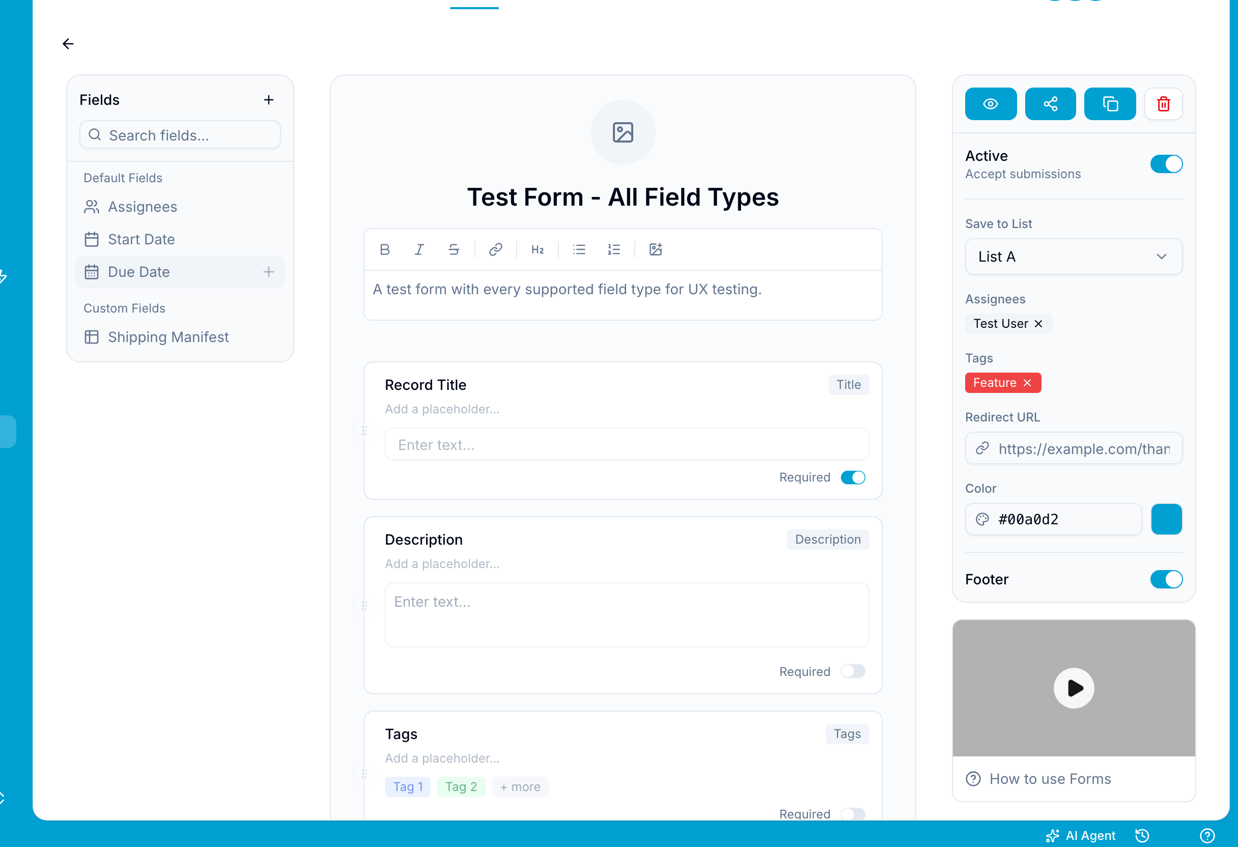 Form editor with a left field palette, center canvas, and right settings panel showing routing, redirect URL, and color