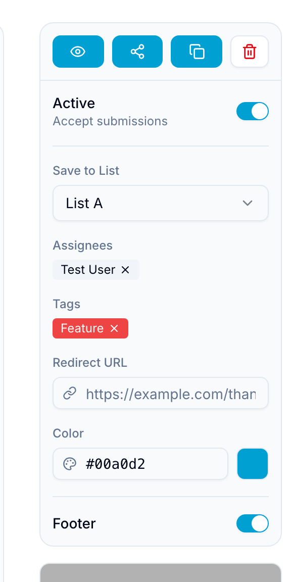 Form editor settings panel with Save to List, Assignees, Tags, Redirect URL, and Color fields