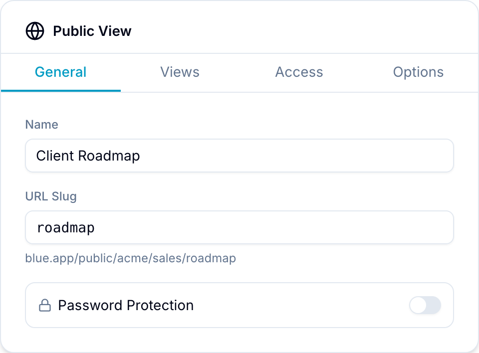 Public View editor's General tab with Name, URL Slug, and Password Protection