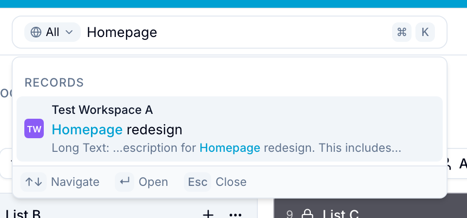 Search bar with a typed query and a Records results section showing a matched record