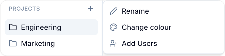 Sidebar Projects section with a folder's context menu showing Rename, Change colour, and Add Users
