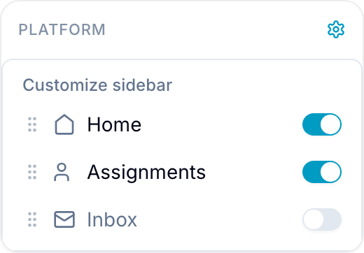 Customize sidebar editor opened from the Platform section header, showing visibility switches and drag handles